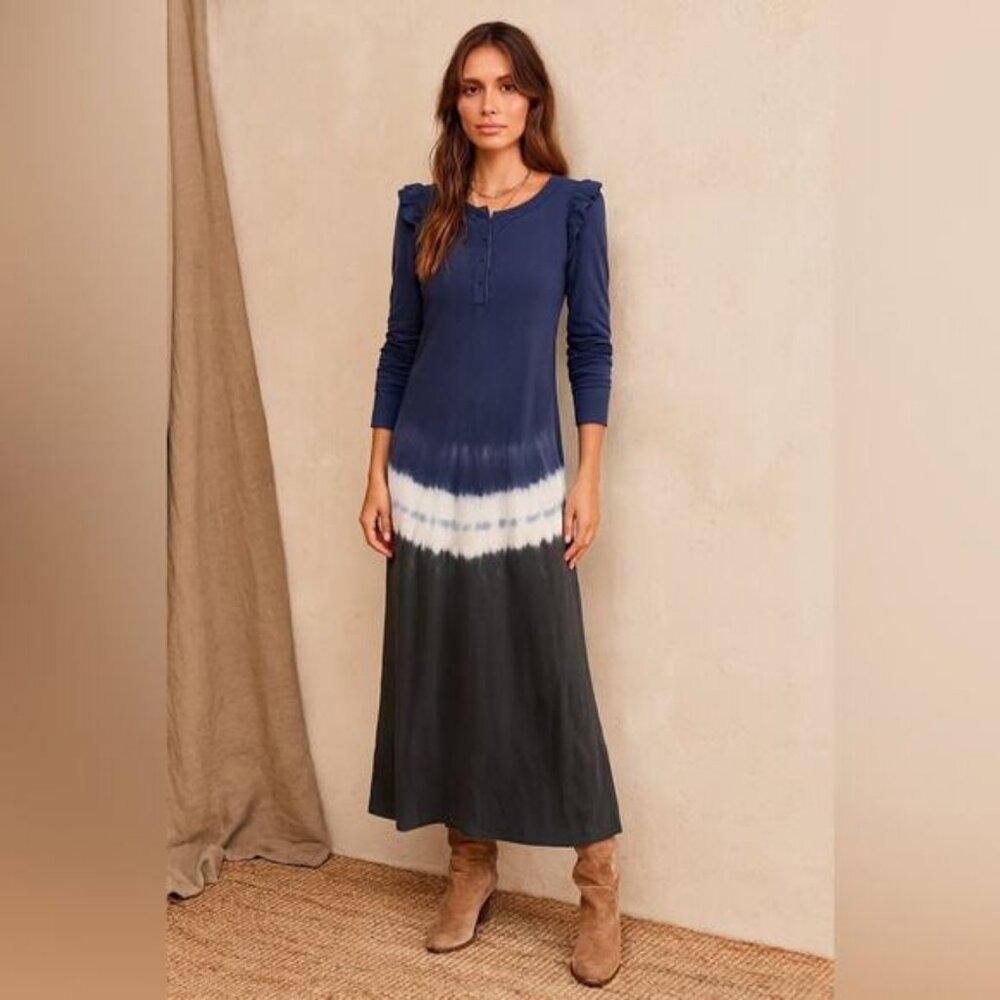 NEW Z Supply Blue Iris Tie Dye Ruffle Sleeve Maxi Dress Long Sleeve Cotton MED